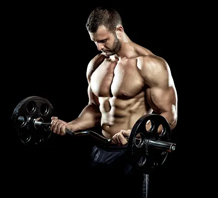 Mansoura City Gym-Best gym in Qatar Muscular individual performing a barbell bicep curl, showcasing defined biceps, chest, and shoulders against a black background. A powerful visual representing strength training at the best gym in Qatar