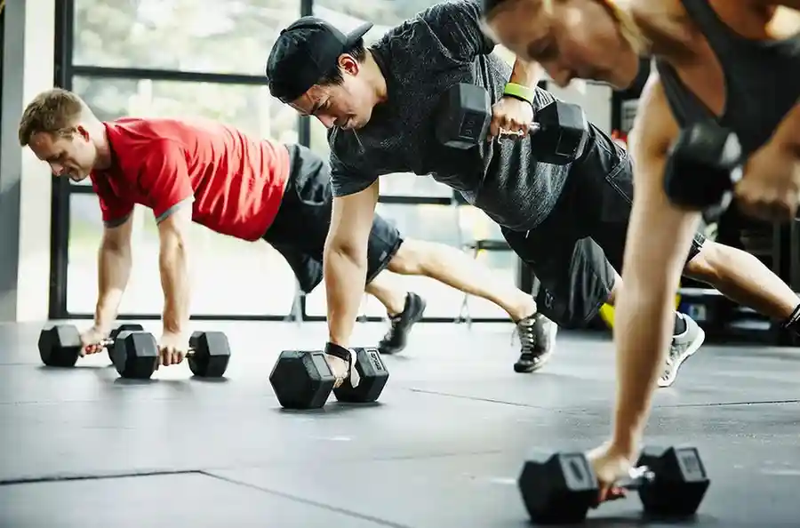 Group of people performing plank row exercises with dumbbells in a well-lit gym. Each person is in a plank position, lifting one dumbbell while balancing on the other arm. Large windows in the background allow natural light to fill the space