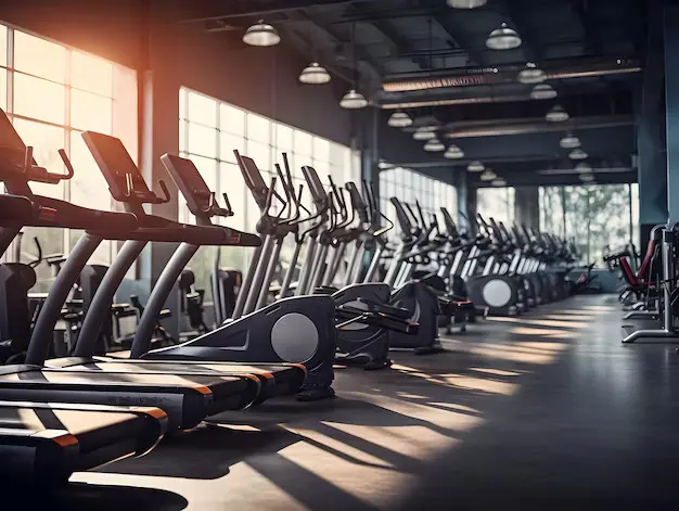 luxury gym in qatar- mansoura city gym
A long-shot interior view of a spacious, modern gym with rows of cardio equipment, primarily treadmills and elliptical machines. Large windows on the left wall allow natural light to stream in, creating long shadows across the dark floor.