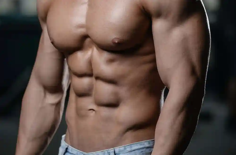 Detailed shot of a man's extremely muscular and ripped physique, highlighting the visible six-pack abs and toned chest and biceps.