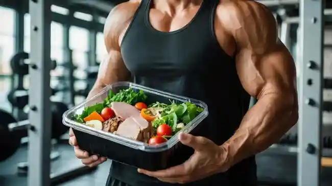 Close-up of a bodybuilder's sculpted arms and chest as they hold up a black meal prep container filled with a balanced lunch of lean protein and fresh greens.